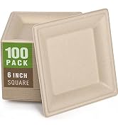 Gezond 100 Pack Compostable Square Plates 6 Inch Disposable Paper Plates Sugarcane Cake Plates fo...
