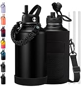 BENZZO Insulated Water Bottle 64 oz - Keep Cold 48Hrs Hot24 Hrs, 1/2 Gallon Water Jug with Straw,...