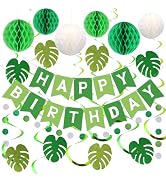 meowtastic Green Birthday Decorations - Green Happy Birthday Banner with Honeycomb Balls, Palm Le...