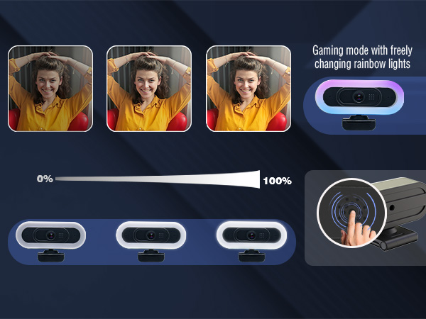 Touch-control RGB gaming webcam adjusts 0-100% lighting
