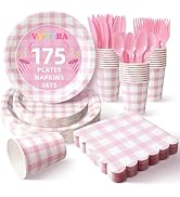 Vyntra Pink Gingham 175-Piece Disposable Dinnerware Set for 25, 9" Dinner & 7" Dessert Paper Plat...