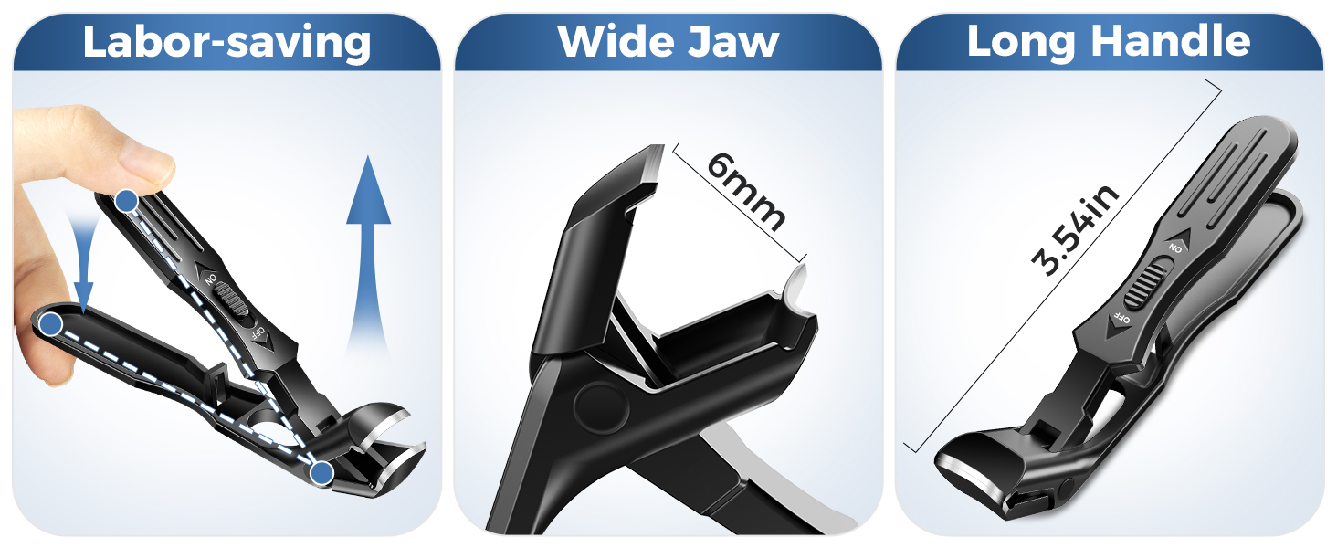 Three images of black pliers tool. Features highlighted: 'Labor-saving', 'Wide Jaw' (6mm), and 'Long Handle' (3.54in). Demonstrates various grip positions.