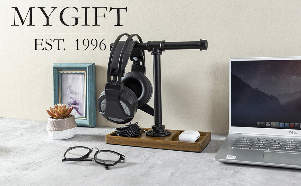 tabletop T-Bar Over Ear Headphones Holder with Accessories Tray displayed on a desk