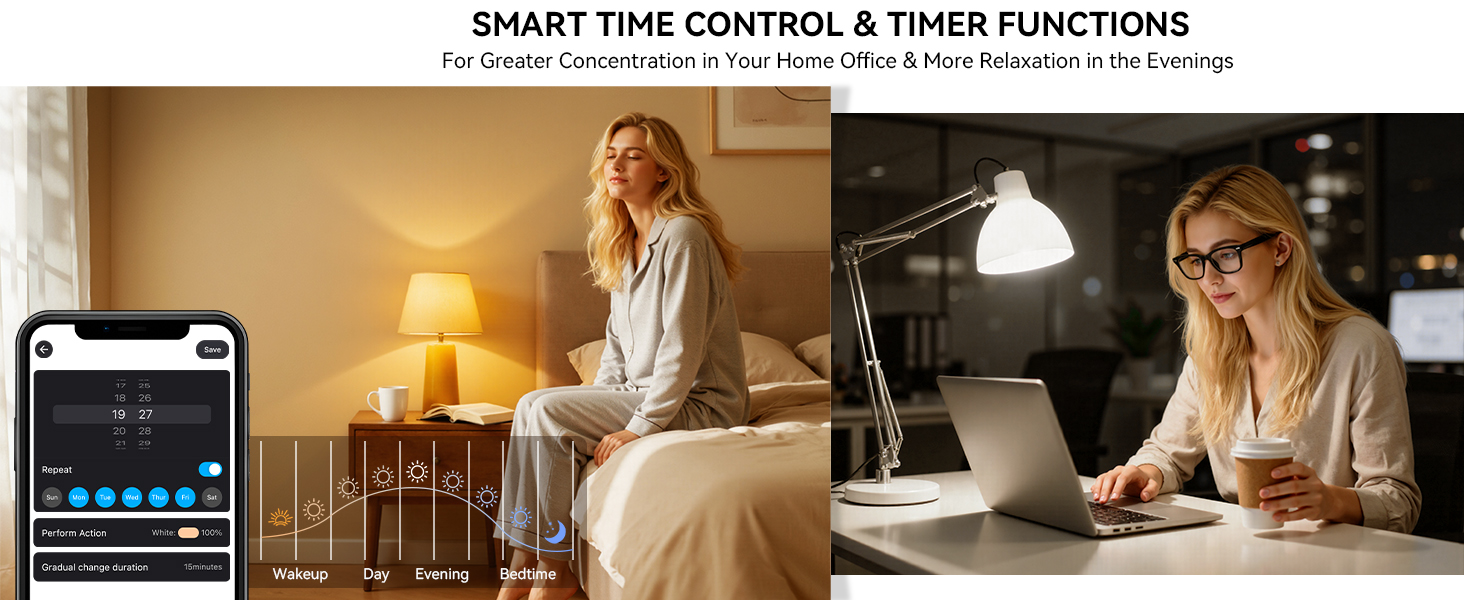 Smart bulb with app-controlled timer, ideal for wake-up, home office focus, and bedtime relaxation