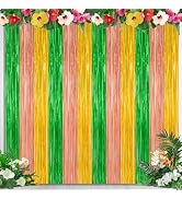 4 Pack Hawaiian Party Decorations, 3.28 FT x 7.05 FT Hawaii Tinsel Backdrop, Green Brown Yellow F...