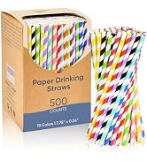 Lives on Green 7.75" Colorful Striped Paper Drinking Straws, 500 Counts in Bulk, 10 Assorted Colo...