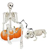 NEROSUN 5.4FT Halloween Skeletons Decoration, Posable Life Full Size Skeleton with Dog Skeleton, ...
