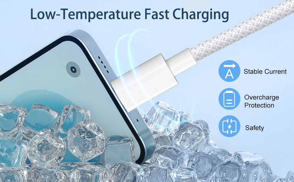 Text reads 'Low-Temperature Fast Charging'. Technical diagram showing charging process with ice crystals and blue indicators for stable current and protection features.
