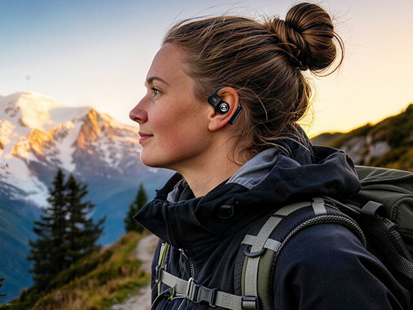 Outdoor adventure scenes showing someone wearing hiking gear against mountain landscapes at sunset or dusk.