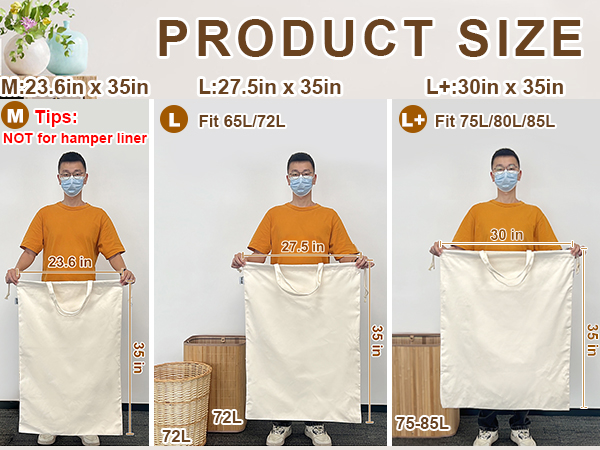5 size canvas laundry bags, basket liner