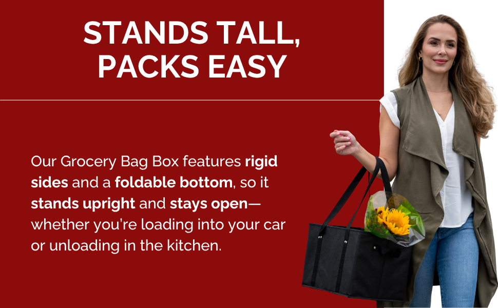 Woman carrying heavy duty reusable grocery bag with flowers