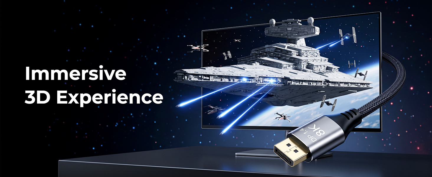 Text reads 'Immersive 3D Experience'. Futuristic spaceship visualization with handheld device and digital interface elements on dark background.