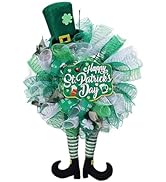 Happy St Patrick's Day Wreath for Front Door Green Leprechaun Mesh Wreath with Plush Shamrock Top...