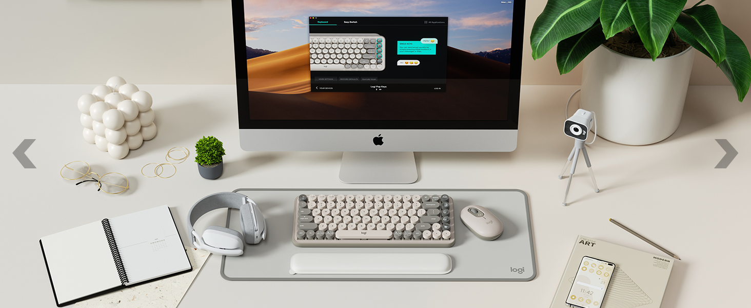 pop keys mist and pop mouse wireless beige gray, zone vibe 100 wireless headset, streamcam white