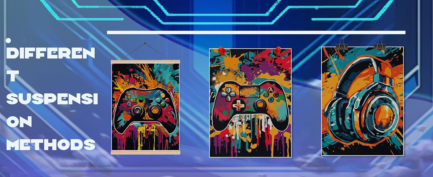 3Pcs Cool Gaming Wall Art Set, Retro Video Game Neon Gamepad Watercolor Canvas Prints for Boys Room