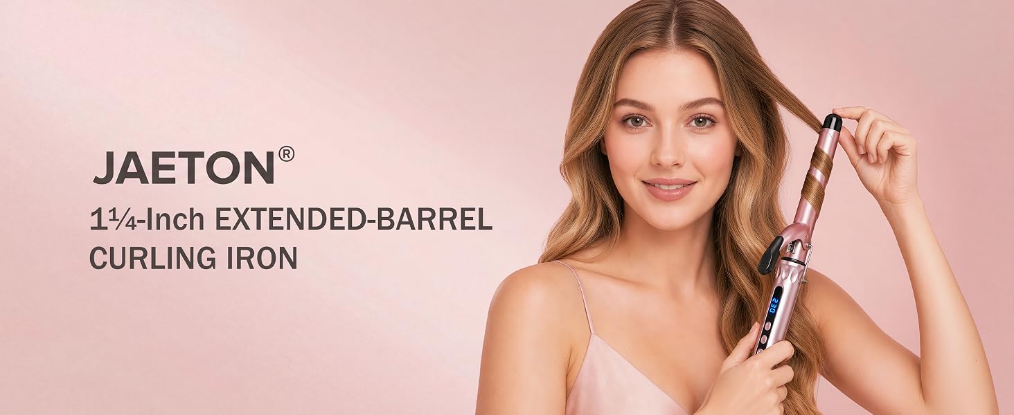 Text reads 'JAETON' and '1.5-Inch EXTENDED-BARREL CURLING IRON'. Woman holding rose-gold curling iron with barrel, demonstrating heated styling tool.
