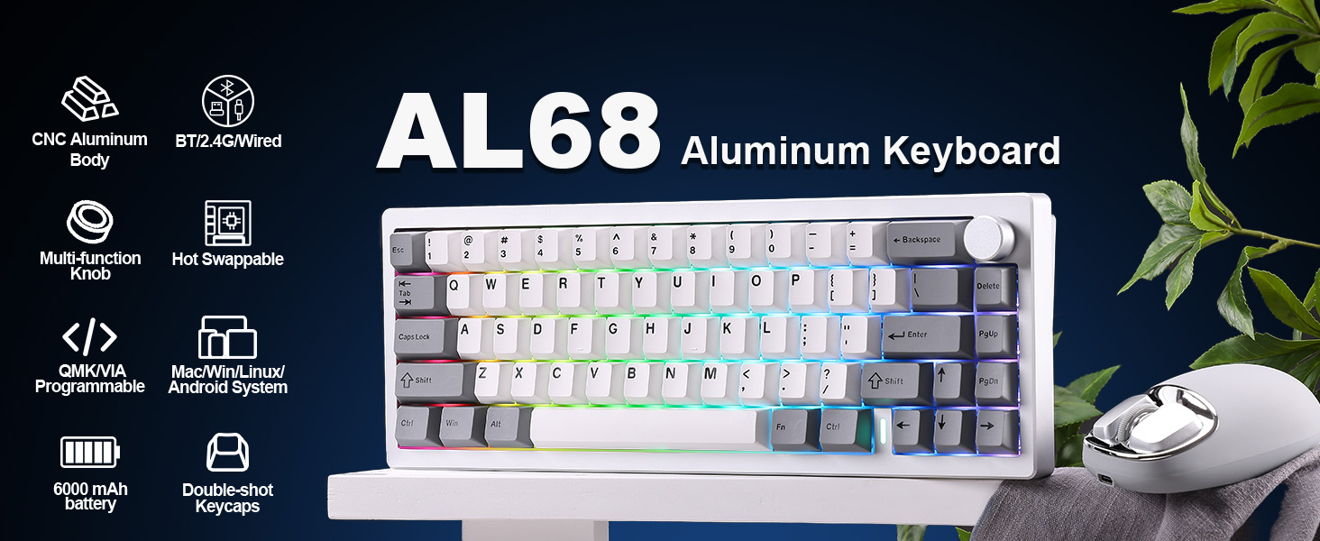Text reads 'AL68 Aluminum Keyboard'. Product image shows a compact mechanical keyboard with RGB backlighting and multiple icon indicators for features along the top of the image.