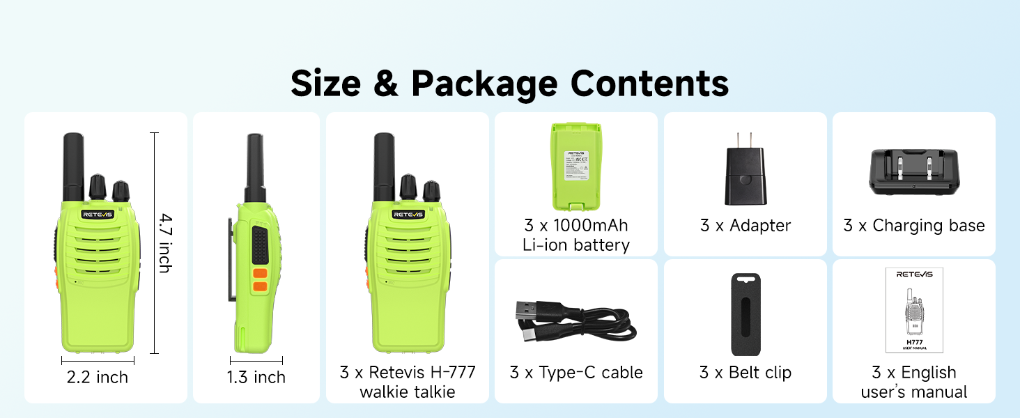 FRS radio walkie talkies 3 pack portable 2 way radio usb-c cable