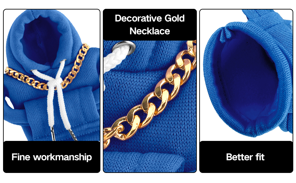 Text reads: 'Decorative Gold Necklace', 'Fine workmanship', 'Better fit'. Blue garment with gold chain detail shown in three close-up views.