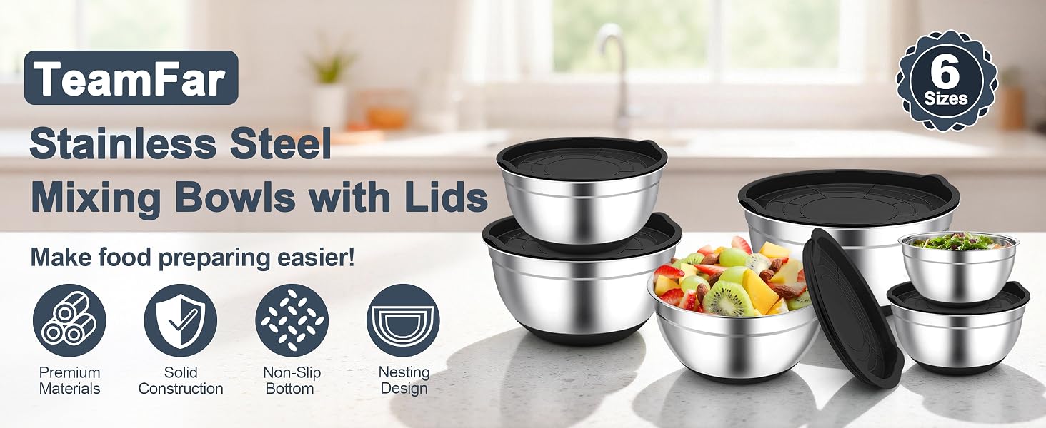 Mixing bowls are made of pure stainless steel without toxic chemical coating, Healthy for daily use
