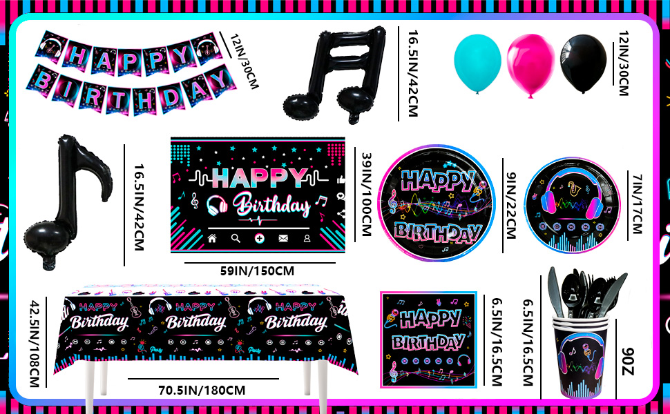 Birthday party decoration set featuring banners, balloons, plates, and tablecloth. Neon pink, blue, and black color scheme with music note motifs.