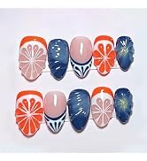 30Pcs Summer Citrus Press on Nails Medium Almond Fake Nails 3D Orange Slice & Blue Floral Design,...