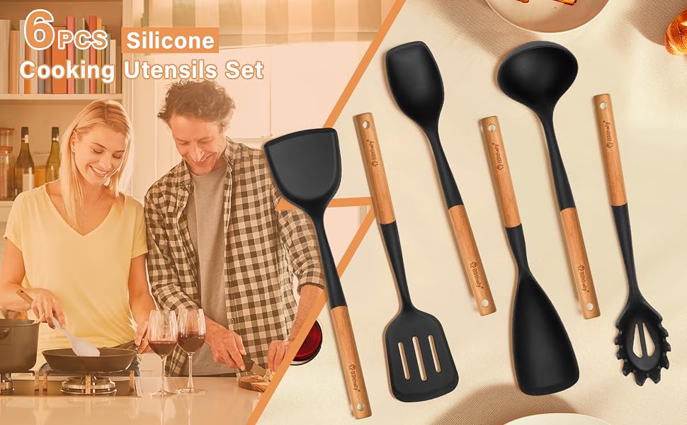6 Pack Large Kitchen Utensils Set with Wooden Handle