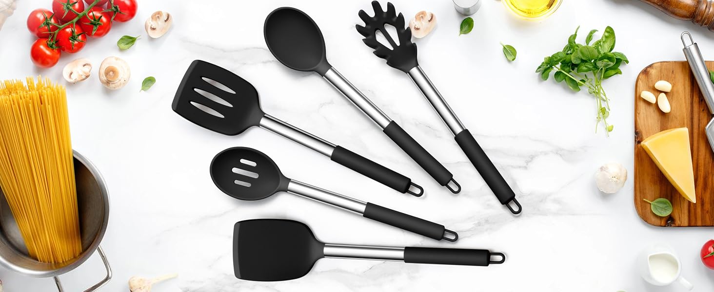 black silicone utensils with stainless steel handle