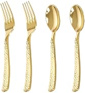 KIRE 400PCS Gold Plastic Spoons and Forks Disposable - Gold Plastic Silverware Set Disposable - 2...