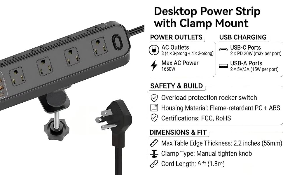 Multifunctional Desk Clamp Power Strip