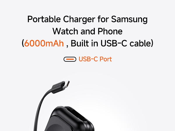 6000mAh portable charger for Samsung devices featuring built-in USB-C cable, designed for watches and phones.