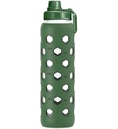 Zukro 32 oz Glass Water Bottles with Silicone Sleeve, Leak Proof | 1 Liter, Volume Marker, Wide M...