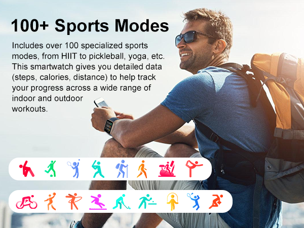 100+ sports modes: HIIT, pickleball, yoga.Tracks steps,calories,distance for indoor/outdoor workouts