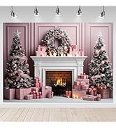 Mocsicka Pink Christmas Backdrop Pink White Fireplace Christmas Tree Photography Background Chris...