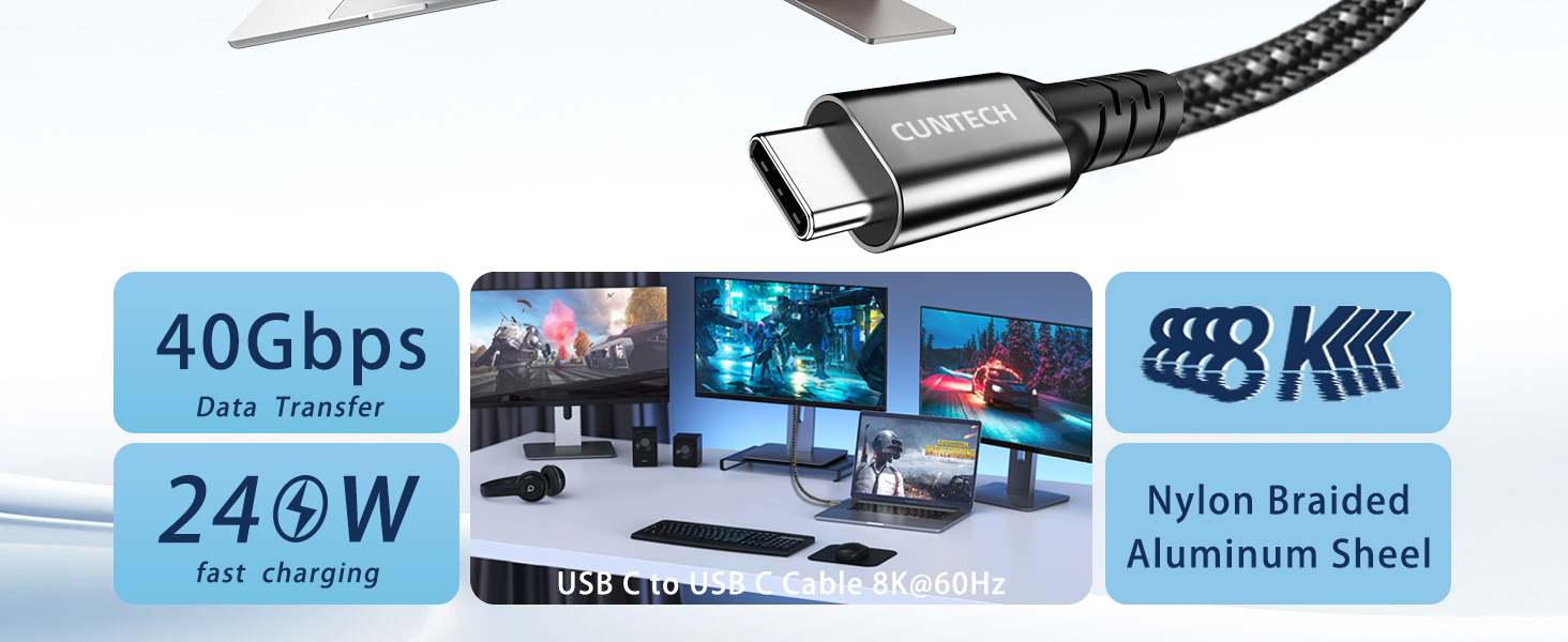 USB C 40Gbps Data Transfer Cable 3.3ft 240W PD Fast Charging 8K/4K HD Display Video Monitor
