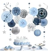19Pcs Dusty Blue Party Decorations, Hanging Paper Lanterns Fans Tissue Flower Pom Poms Swirls for...