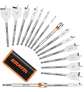 EZUVITA 14-Piece Spade Drill Bit Set, Full Sizes 1/4"–1-1/2" for Woodworking, Tool-Free Quick-Cha...