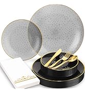 BONSINY 150 Pcs Black and Gold Plates Disposable for Party (25 Guests) - Clear Hammered Black Pla...