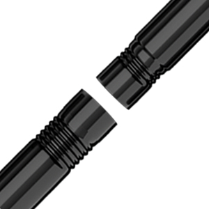 Close-up of two black cylindrical objects with ridged surfaces, appearing to be connectable. One end is slightly larger than the other.
