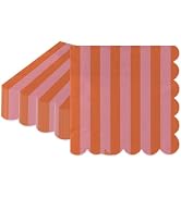 40 PCS Pink Orange Striped Scalloped Cocktail Napkins 5x5 Inch, Disposable Summer Sunset Party Na...