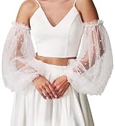 YAEISM White Bridal Gloves Long Pearl Wedding Sleeves Lace Sheer Puffy Sleeves Tulle Gloves Finge...