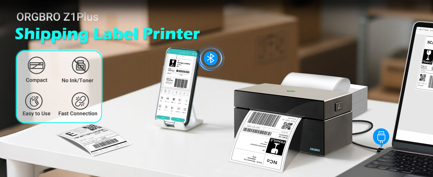 Text reads 'Shipping Label Printer' and 'ORGBRO Z1B'. White compact printer device shown from multiple angles with product interface and printing demonstration.