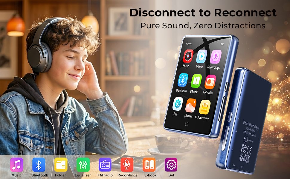 Small MP3 Player with Bluetooth No WiFi Touchscreen HiFi Sound 48H Battery FM Radio Voice Recorder