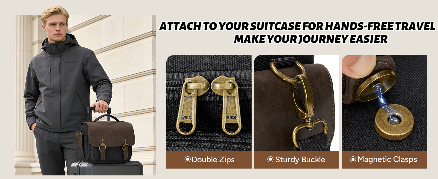 Text reads 'ATTACH TO YOUR SUITCASE FOR HANDS-FREE TRAVEL'. Demonstration sequence showing luggage attachment accessory being installed on rolling suitcase.