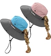 Kids Girls Ponytail Summer Sun Hat Wide Brim UV Protection Bucket Beach Cap…