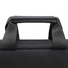 Close-up of a black laptop bag handle and part of the bag's top edge, showing sturdy construction and fabric texture.