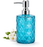 LGURT 12 Oz Clear Blue Glass Soap Dispenser with Stainless Steel Pump, Refillable Hand Soap for B...