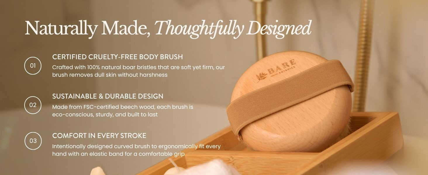 body brush on a bath tray in placed on the edge of a bath tub