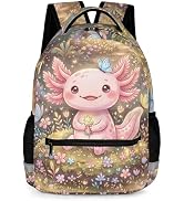 KOYI Cute Pink Axolotl Backpack for Girls, 17 Inch Watercolor Enchanted Forest Floral School Bag ...