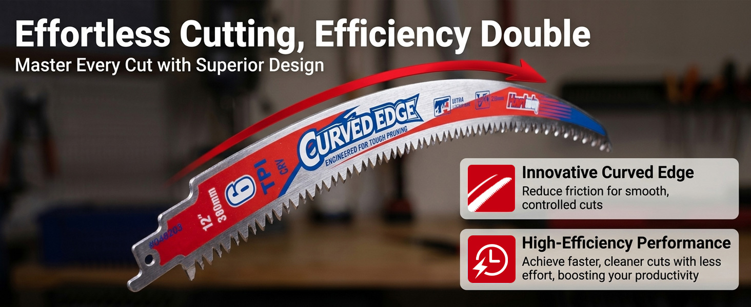 Curved-edge saw blade for smooth, fast, friction-free cuts and higher productivity.